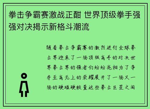 拳击争霸赛激战正酣 世界顶级拳手强强对决揭示新格斗潮流