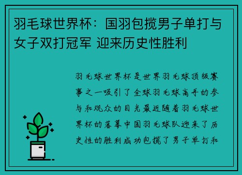 羽毛球世界杯：国羽包揽男子单打与女子双打冠军 迎来历史性胜利
